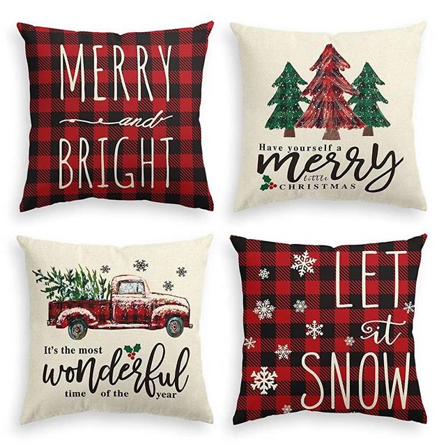 AVOIN colorlife Christmas Tree Buffalo Plaid Merry and Bright Throw Pillow Cover, 18 x 18 Inch Winter Let It Snow Holiday Cushion Case Decoration for Sofa Couch Set of 4
