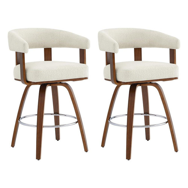CHITA Swivel Counter Height Barstools Set of 2, FSC Certified Polyester Upholstered Bar Stools with Back and Armrest for Kitchen Island Home Bar, 27" Seat Height, Cream with Walnut Frame