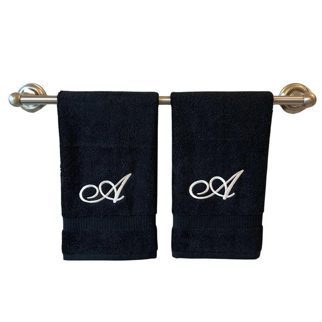 Black Monogrammed Hand Towels for Bathroom - Luxury Hotel Quality Personalized Initial Embroidered Towel for Powder Room, Spa - GOTS Organic Certified - Set of 2 White Letter A