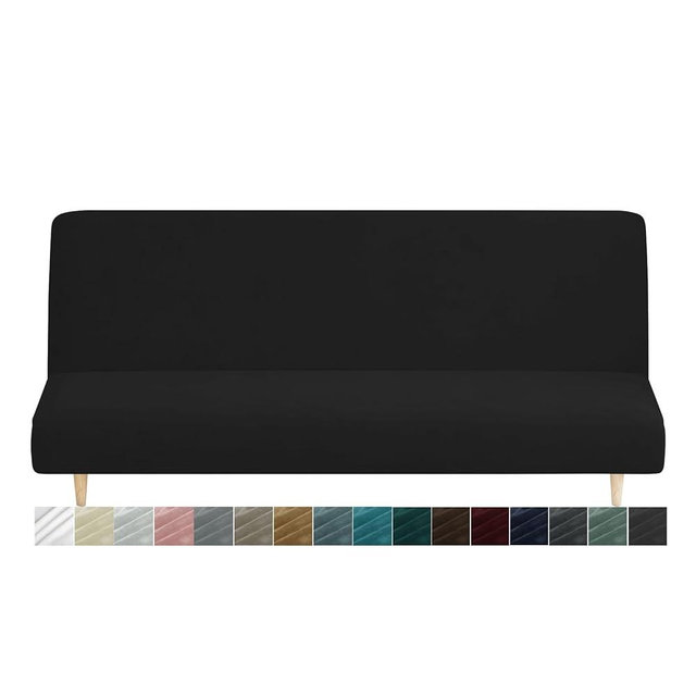 MAXIJIN Velvet Futon Cover Full Size Stretch Futon Mattress Cover Thick Soft Armless Sofa Bed Slipcover Plush Couch Furniture Protector with Elastic Bottom, Machine Washable (Black)