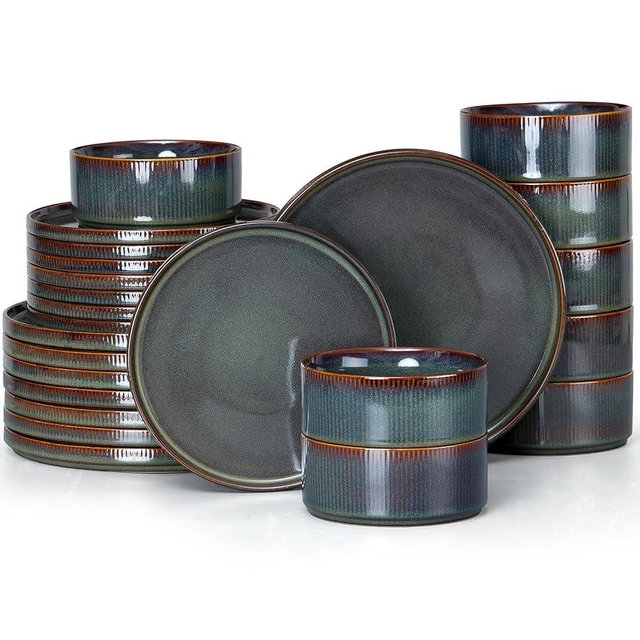 E-far 24-Piece Stoneware Dinnerware Sets, Plates and Bowls Sets for 8, Kitchen Modern Dinning Porcelain Dishes Set, Chip & Scratch Resistant, Dishwasher & Microwave Safe, Blackish Green