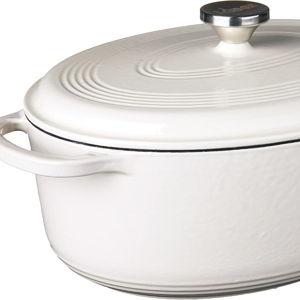 Lodge 7 Quart Enameled Cast Iron Oval Dutch Oven with Lid – Dual Handles – Oven Safe up to 500° F or on Stovetop - Use to Marinate, Cook, Bake, Refrigerate and Serve – Oyster White