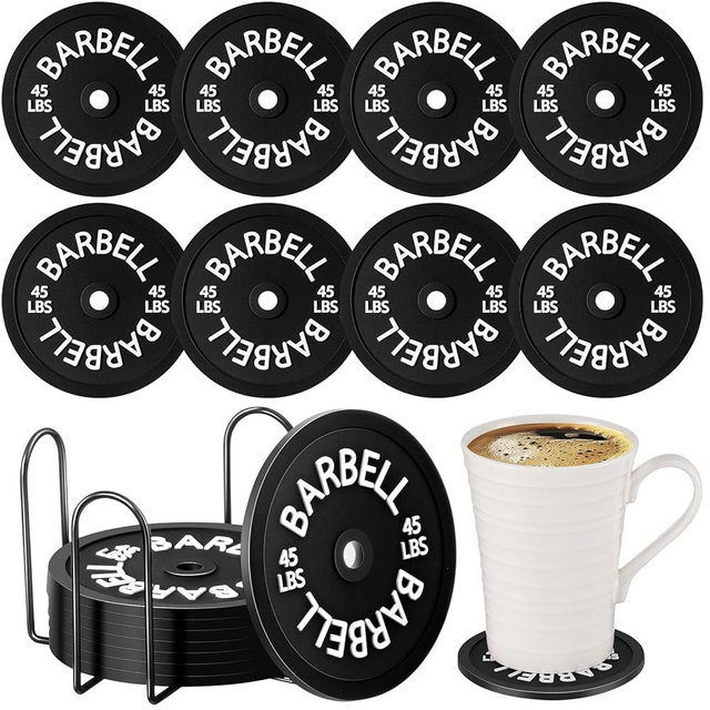 Blushtier 8 Pcs Barbell Bumper Plate Cool Coasters Round Silicone Coasters Weight Plate Coaster with Rack Holder for Gym Lovers Gym Accessories(Black)
