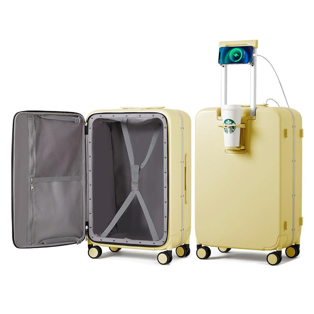 mixi Checked Luggage with Cup Phone Holder and Charger Hard Shell Suitcases with Spinner Wheels, 24 Inch Lark Yellow