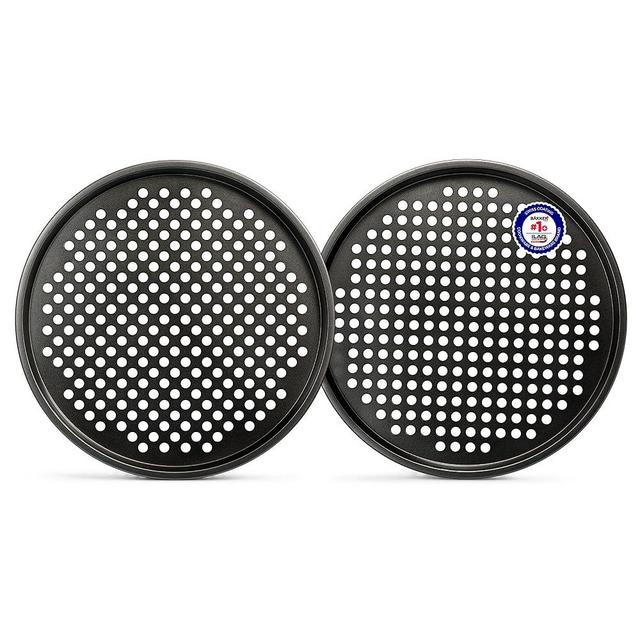 Bakken- Swiss Non-Stick Pizza Pan with Holes - 13-Inch Perforated Pizza Crisper Carbon Steel Pizza Pan - 2 Round Pizza Trays with Silicone Handles PFOA PFOS and PTFE Free