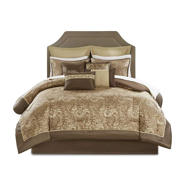 Madison Park Essentials Brystol 24 Piece Room in a Bag Faux Silk Comforter Jacquard Paisley Design Matching Curtains Down Alternative Hypoallergenic All Season Bedding-Set, Queen(90"x90"), Brown