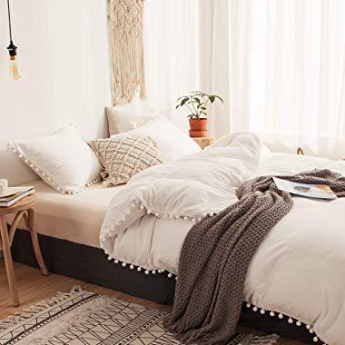 MOVE OVER 3 Pieces White Bedding Offwhite Duvet Cover Set Ball Fringe Pattern Design Soft Off White Bedding Sets Queen 1 Duvet Cover 2 Ball Lace Pillow Shams (Queen, Offwhite)