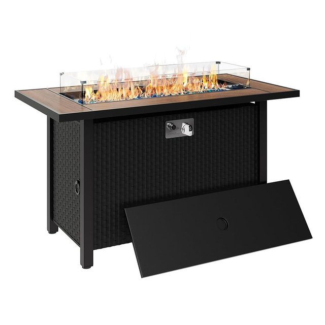45 inch Outdoor Propane Fire Pit 50,000 BTU Gas Fire Pit Table with Walnut Tabletop, Glass Wind Guard, Waterproof Cover, Rectangle Gas Firepit Table for Garden/Patio,CSA Certification