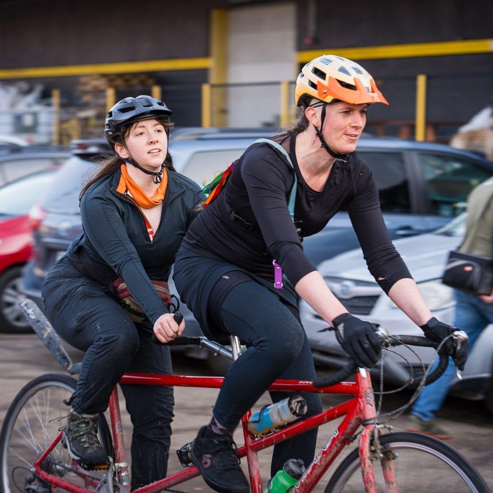 Us on the Frigid Witch bike scavenger hunt/alley cat after racing 32 miles and running 3 miles. Placed 9th and 10th on our 4th year racing together. 2.14.2026