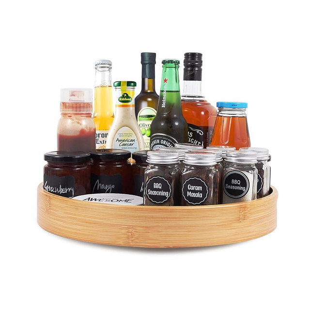 Lazy Susan Organizer 14 inch, Bamboo Lazy Susan for Table, Kitchen Turntable Organizer with Double Handles, Round Wood Rotating Turntable Spice Organizer for Countertop Cabinet or Pantry