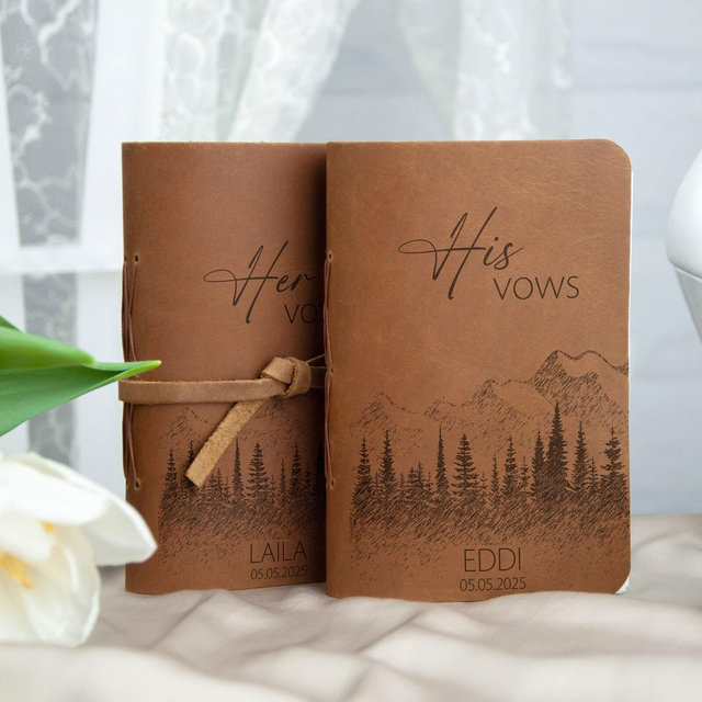 Leather Vow Books Set of 2 - Personalized Leather Wedding Journals with Mountains - Custom Wedding Vows - Bridal Shower Gifts for Couple