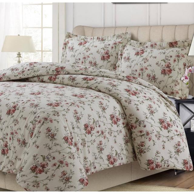 Queen 3pc Dollhouse Floral Heavyweight Cotton Flannel Printed Oversized Duvet Set Multi - Tribeca Living