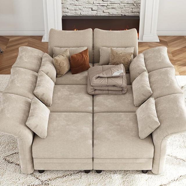 LLappuil Modern Sectional Sofas Sleeper Chenille 6 Pieces Modular Sectional Couches for Living Room with Reversible Chaise, Adjustable Armrest Backrest, Khaki