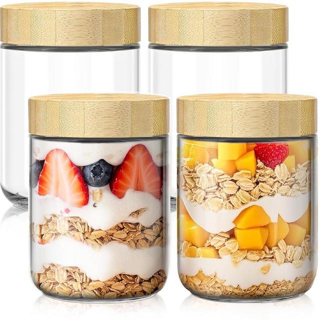 4 pack 16oz Overnight Oats Containers with Bamboo Lids, Glass Jars with Airtight Lids for Meal Prep, Wide Mouth Mason Salad Jars, Glass Food Storage Container for Yogurt Chia Snacks Spice Sugar
