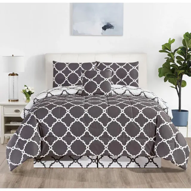 5 Piece Down Alternative Comforters Ultra Soft, Machine Washable Microfiber Bedding Set for Bedroom - King, Quatrefoil Gray