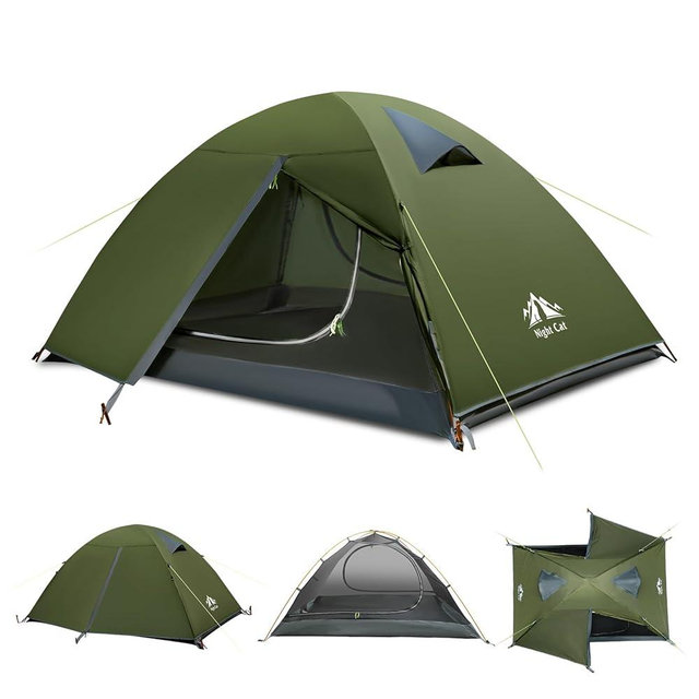 Night Cat 2-Persons Backpacking Tent: Waterproof Lightweight Camping Tent for Two People Hiking Outdoor Mountain with Aluminum Poles and Rainfly Green