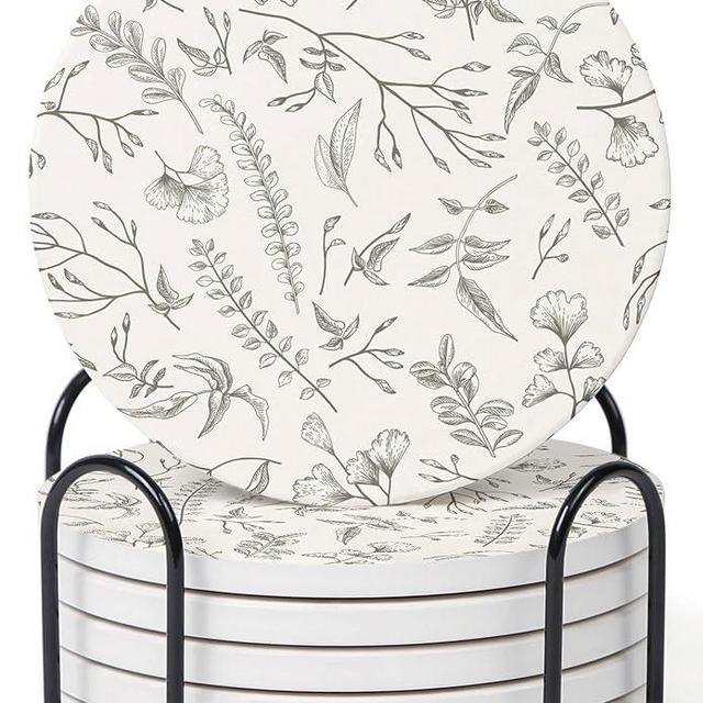Hoomey Set of 6 Floral Ivory and Gray Coasters with Holder, Absorbent Ceramic Drink Coasters with Cork Backing for Table Protection, Coffee Table Décor