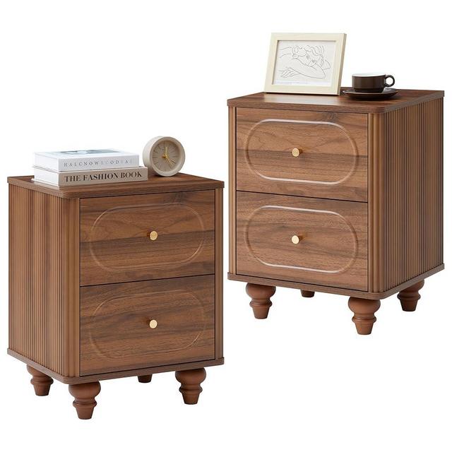 2 Drawer Fluted Nightstand Set of 2, Mid Century Modern Farmhouse Night Stand Small End Table Bedside Table for Bedroom, Living Room, Walnut