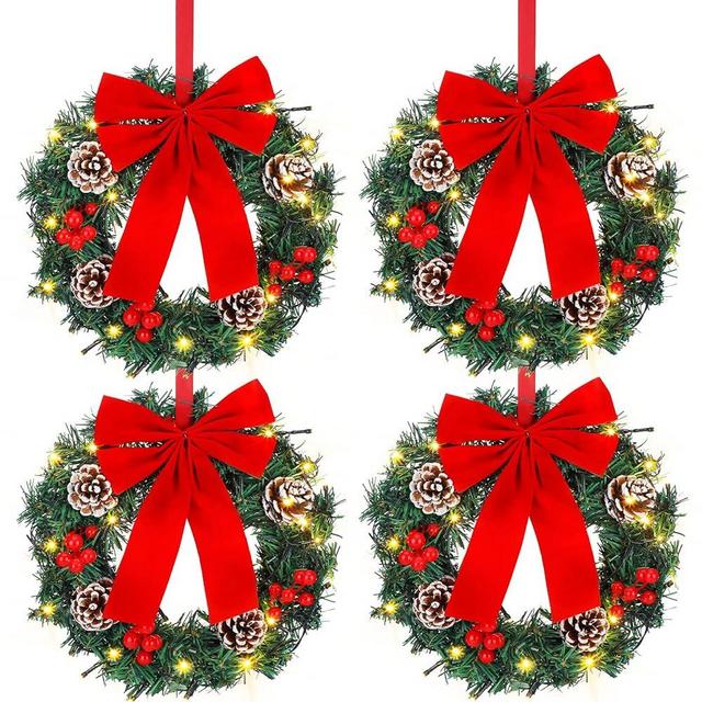 4 Pcs Lighted Christmas Wreaths, 13 Inch Pre Lit Small Xmas Wreath with Large Bow, Pine Needle Wreath with LED Lights Battery Operated Xmas Ornaments for Front Door Wall Christmas Party Decor (Red)
