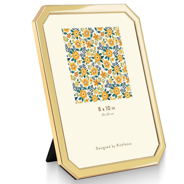 RICHFOCUS 8x10 Enamel Picture Frame with HD-Tempered Glass, Octagon Photo Frame with Gold Metal Edge and Velvet Back for Tabletop and Wall Mount Display, Yellow