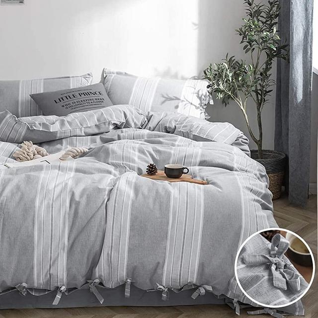 BISELINA 100% Washed Cotton Striped Duvet Cover Set 3pcs Bowknot Bow Ties Strap Design Reversible Yarn Dyed Soft Chic Country Bedding (King, Grey)