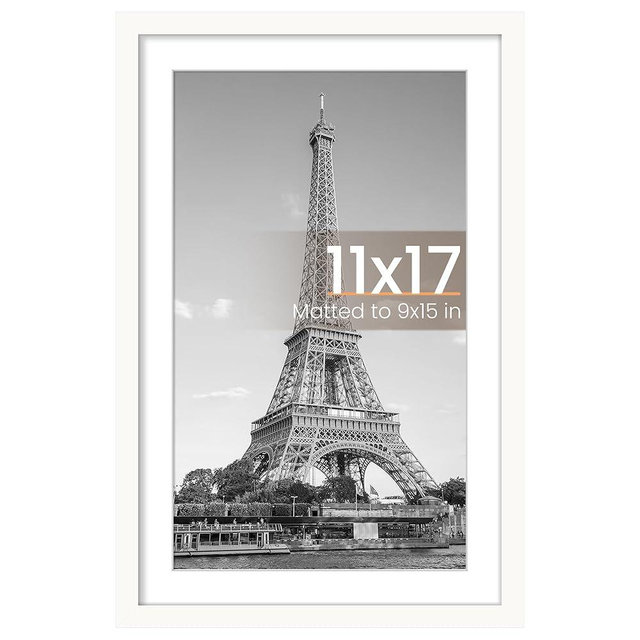 upsimples 11x17 Picture Frame, Display Pictures 9x15 with Mat or 11 x 17 Without, Wall Hanging Poster Frames, White, 1 Pack