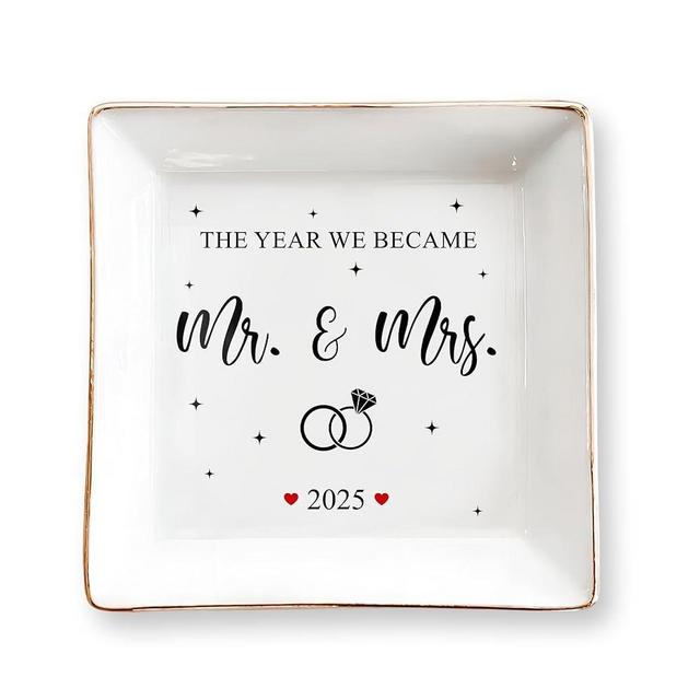 Wedding Gifts for Couples 2025, Mr and Mrs 4" Ceramic Jewelry Tray, Gift for Bride Newlywed - Engagement, Just Married Ring Dish Gifts for Her, Bachelorette & Bridal Shower Gift for Bride