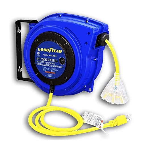 Goodyear Extension Cord Reel Heavy Duty, 40 ft., 12AWG/3C SJTOW, Triple Tap with LED Lighted Connector
