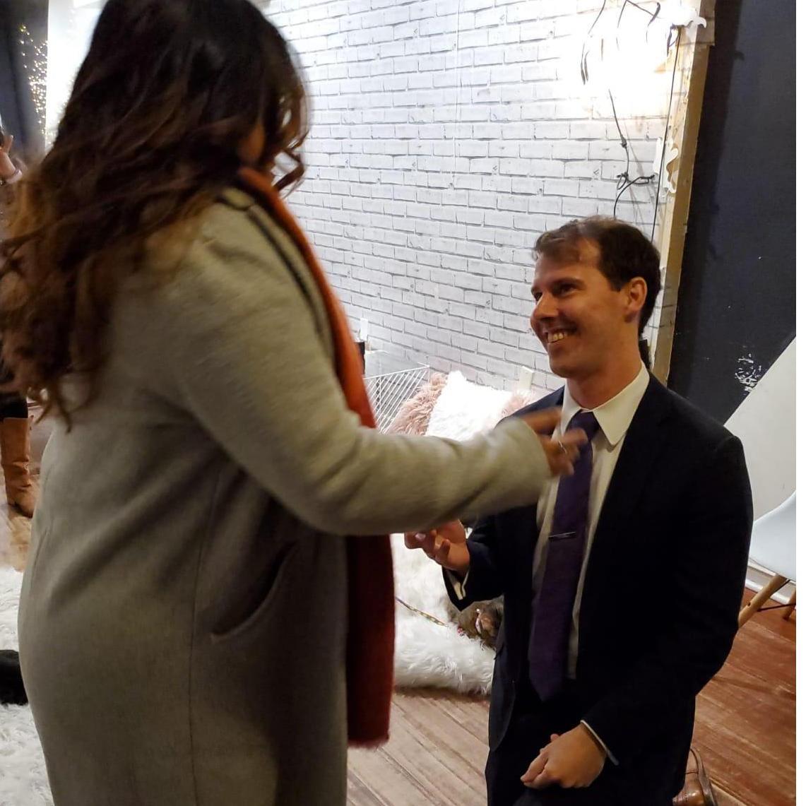 Lamiya: "He finally proposed and I said yes!" 

Colin: "She said yes before I finished asking, out of excitement to be engaged, or maybe to pet the kittens."
