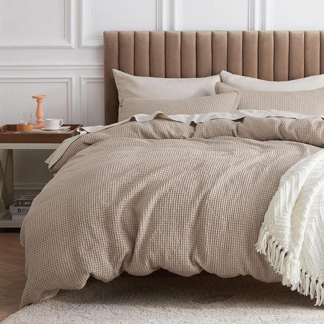 Bedsure Cotton Duvet Cover Queen - 100% Cotton Waffle Weave Khaki Duvet Cover Queen Size, Soft and Breathable Tan Duvet Cover Set for All Season (Queen, 90"x90")