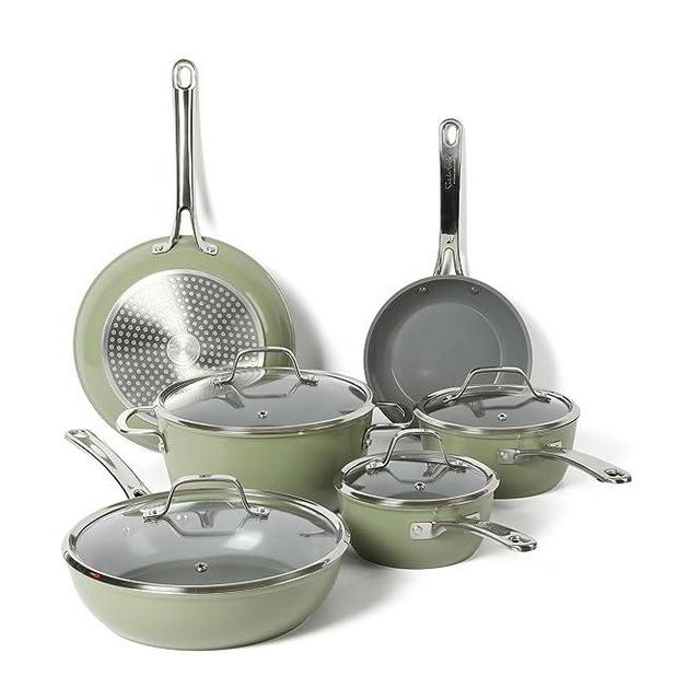 Sur La Table Kitchen Essentials 10 Piece PFA Free Non-Toxic Titanium Ceramic Nonstick Interior Forged Aluminum Cookware Pots and Pans Set - Green - Induction Compatible
