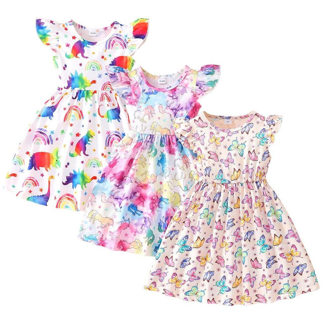 Cozystep Toddler Little Girls Casual Dresses Short Sleeve Crew Neck Graphic Cartoon Dress for 2-8 Years