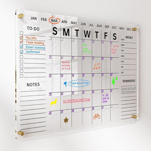 Acrylic Wall Calendar with Dry Erase Surface | 28x20" Clear Monthly Planning Board | Includes 8 Color Markers, Eraser, Multi-Color Standoff Screws, and Installation Kit | Perfect for Home & Office