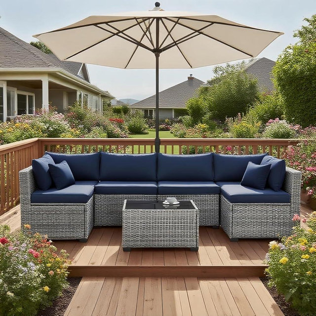 XTWEEX 7-Piece Modular Outdoor Sectional Wicker Patio Conversation Set with Glass-Top Coffee Table, All-Weather Rattan and Cushion Fabric – Gray/Navy