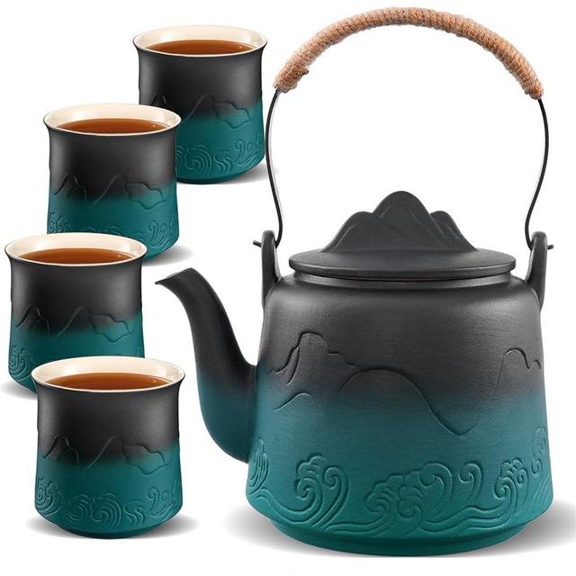 ZENS Vintage Japanese Tea Set, Gradient Embossed Ceramic Japanese Teapot with 4 Teacups, Hemp Rope Handle 33.8 oz Loose Leaf Teapot with Built-in Strainer for Tea Steeper Gifts, Black & Green