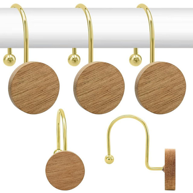 Shower Curtain Hooks, Wood Decorative Shower Curtain Rings, Modern Round Log Shower Curtain Hangers, 12PCS Metal Shower Hooks for Shower Curtain Rod, Bathroom, Bedroom, Living Room (Gold)