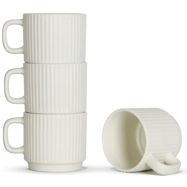 SHOWFULL Stackable Coffee Mugs Set of 4, 7 OZ Espresso Ceramics Cups for Latte Cappuccino Cocoa with Handle, Beige