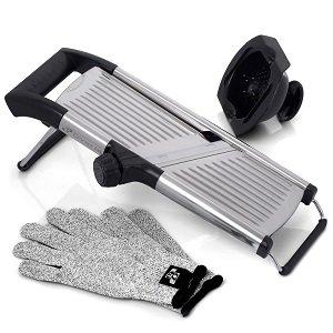 [Upgraded] Mandoline Food Slicer with FREE Cut-Resistant Gloves and Blade Guard – Adjustable French Fry Cutter and Vegetable Slicer, Fruit Slicer, Vegetable Julienne – Premium Stainless Steel Design