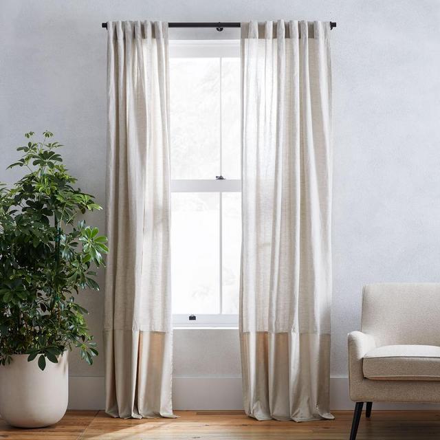 Belgian Flax Linen + Luster Velvet Curtain, Natural + Stone 48"x84"