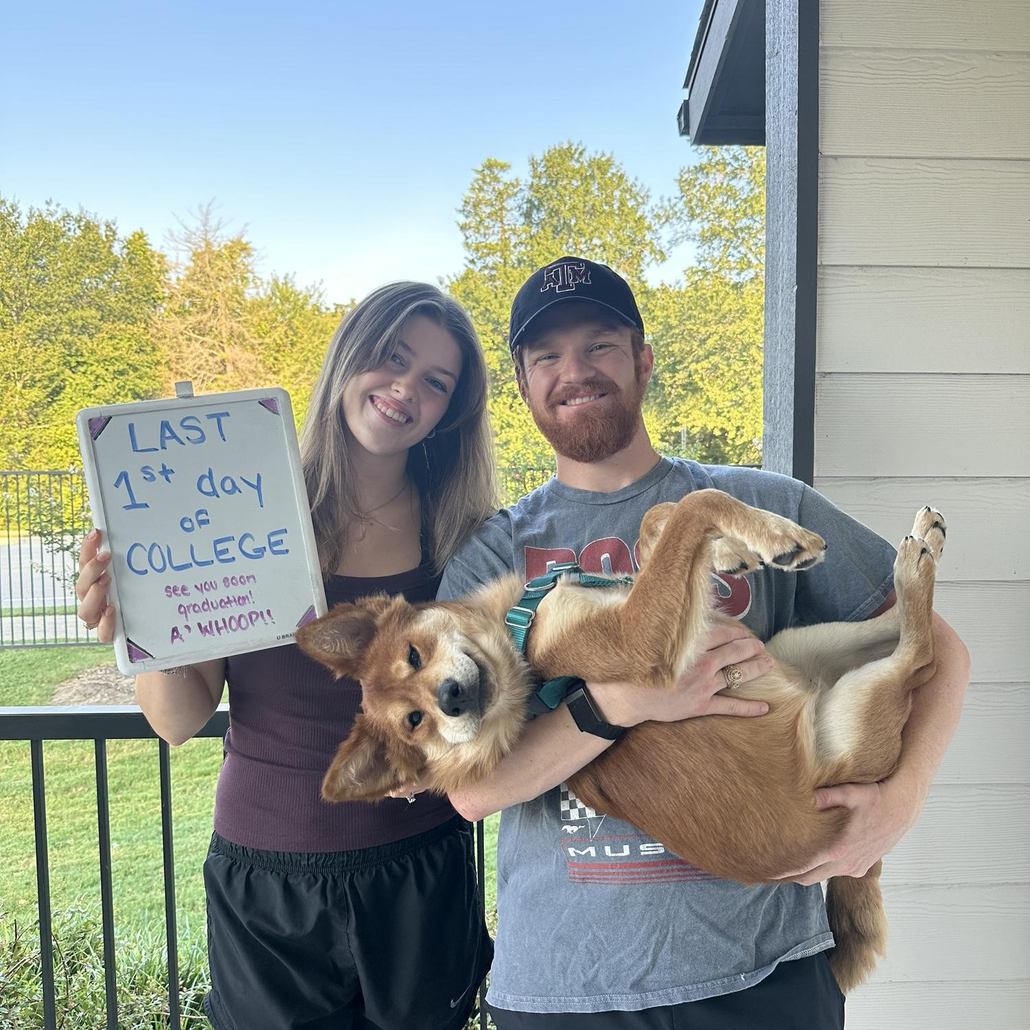 8/25/25. All three of us on our first day of our last semester at Texas A&M! Counting down the days until we’re married!!!