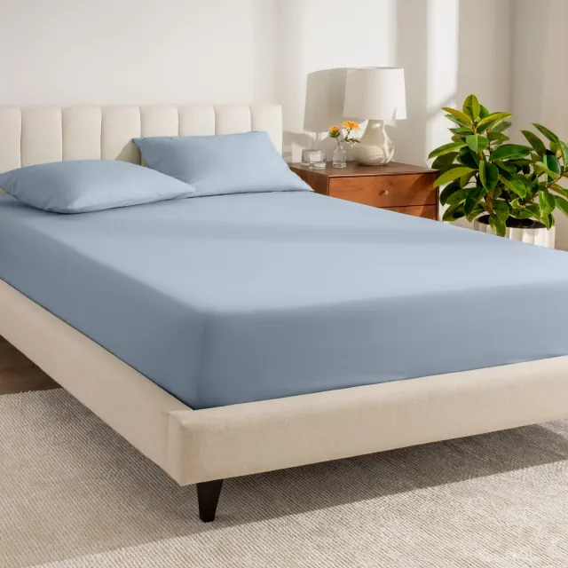 100% Organic Cotton Percale Cooling Fitted Sheet by Bare Home - Full, Dusty Blue