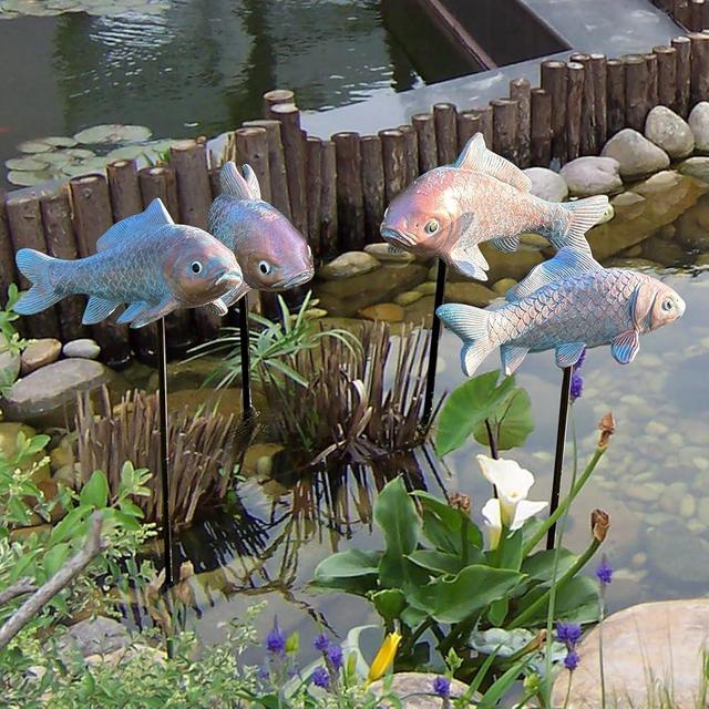 Lovely Ran 4PCS Antique Bronze Fish Garden Statue Fish Sculpture Garden for Outdoors 10.5 * 5Inch Koi Fish Decor Koi Fish Garden Statue Patio Decor Backyard and Home Kitchen Decoration Glow at Night