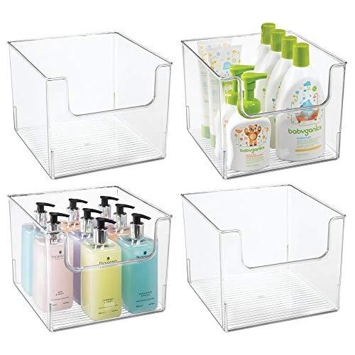 mDesign Plastic Open Front Bathroom Storage Organizer Basket Bin - for Cabinets, Shelves, Countertops, Bedroom, Kitchen, Laundry Room, Closet, Garage - 4 Pack - Clear