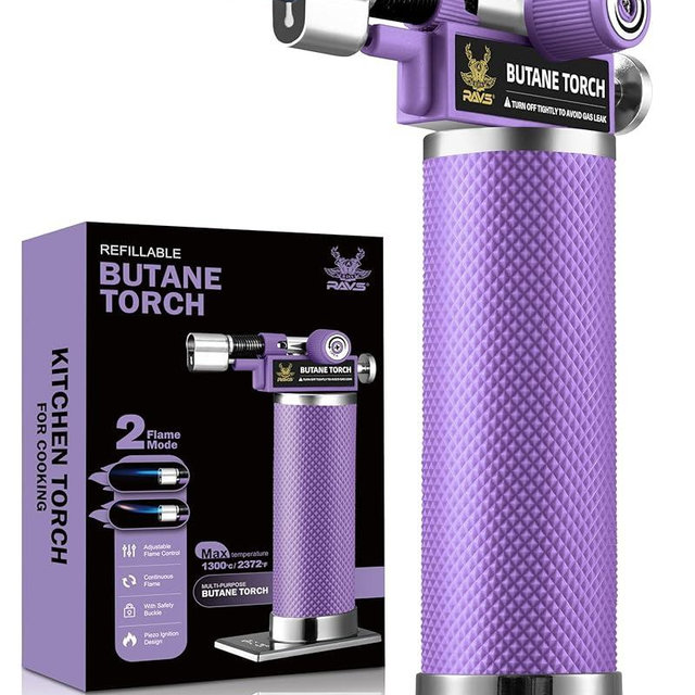 RAVS Butane Torch Lighter, 2 Flame Mode Creme Brulee Torch with Adjustable Flame & Safety Buckle, Premium Metal Kitchen Torch for Industrial, DIY, BBQ, Refillable Cooking Torch, Unique Mens gifts