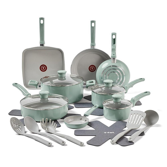 T-fal Refresh Ceramic, Ceramic Non Stick Cookware Set 20 Piece, Oven Broiler Safe 350F, Kitchen Set w/Egg Pan, Fry Pans, Saucepans, Griddle, Sautepan, Dutch Oven & Utensils, Pots, Pans, Mint Green