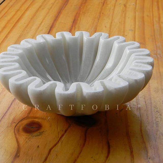 CRAFTFOBIA HandCrafted Marble Bowl/Antique Scallop Bowl/Fruit Bowl/Vintage Ring Dish/Decorative Ruffle Flower Bowl/HouseWarming Wedding Gift/Urli (8 inches)