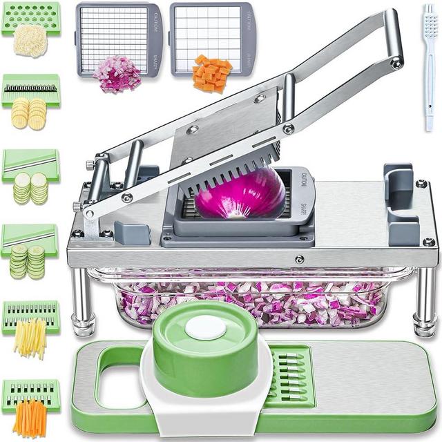 All-in-1 Vegetable Chopper Stainless Steel - Pro 8 Blades Food Veggie Chopper with Container - Onion Mincer Potatoe Dicer French Fry Cutter - Mandoline Slicer & Cheese Grater - Rugged and Durable