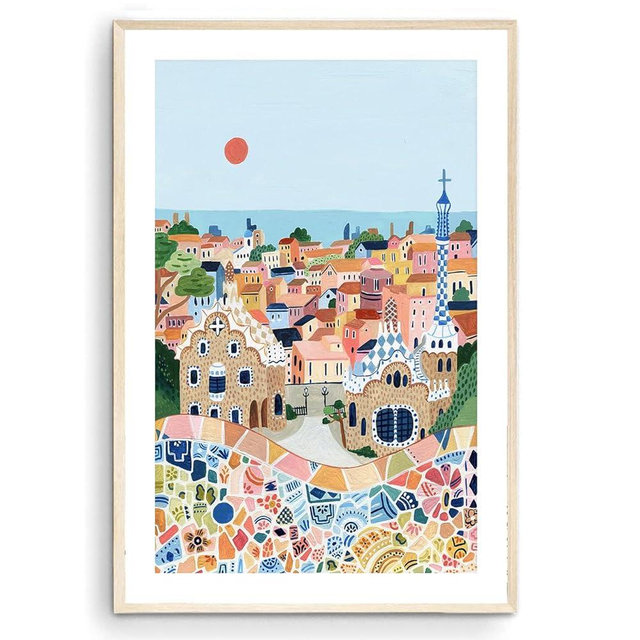 Nationcog Barcelona Travel Print, Park Guell, Travel Gift, Barcelona Poster, Europe Print, Spain Art Print, Travel Art Print, Housewarming Gift (Unframed) (24x36)