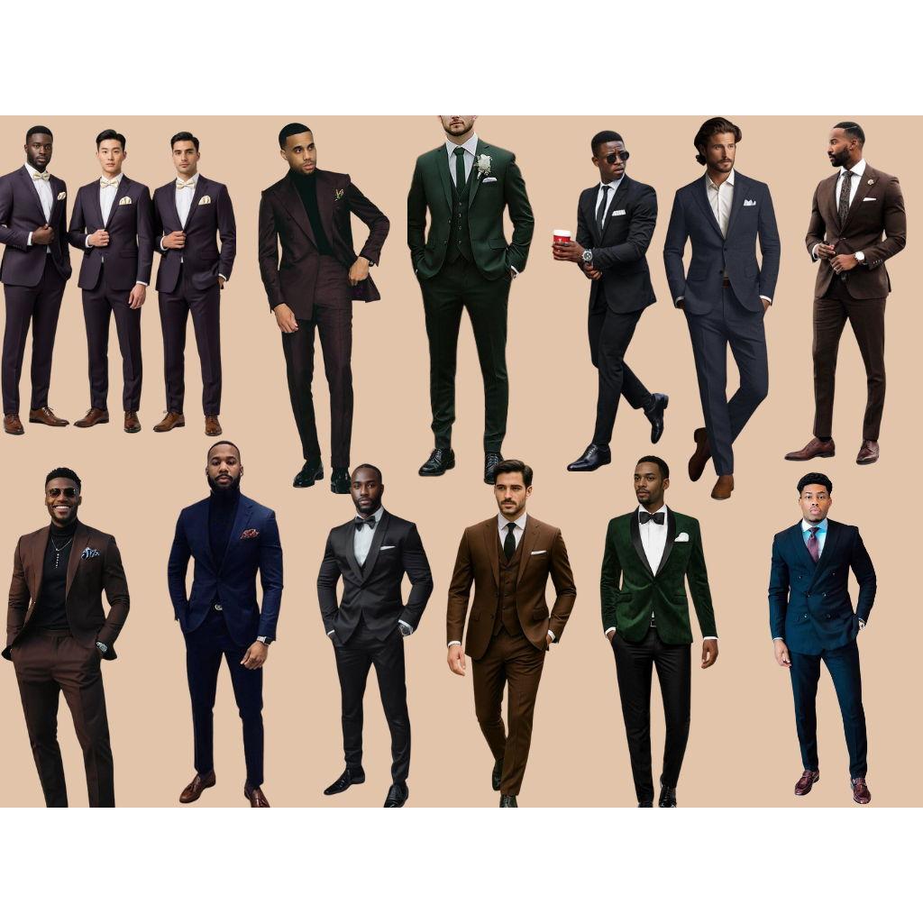 Dark suits or tuxedos in black, navy, or charcoal are ideal. Add jewel-toned accents—ties, shirts, or pocket squares in burgundy, hunter green, or midnight blue with polished shoes to complete.