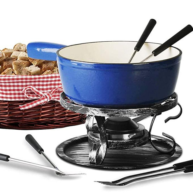 Artestia Cast Iron Fondue Set,Cheese Fondue Sets - Includes Ceramic Pots,Six Fondue Forks Premium Porcelain Melting Pot For Cheese, Chocolate(Blue)